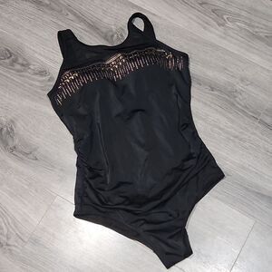 Black Mesh Gold/Silver Studded Rouched Swimsuit